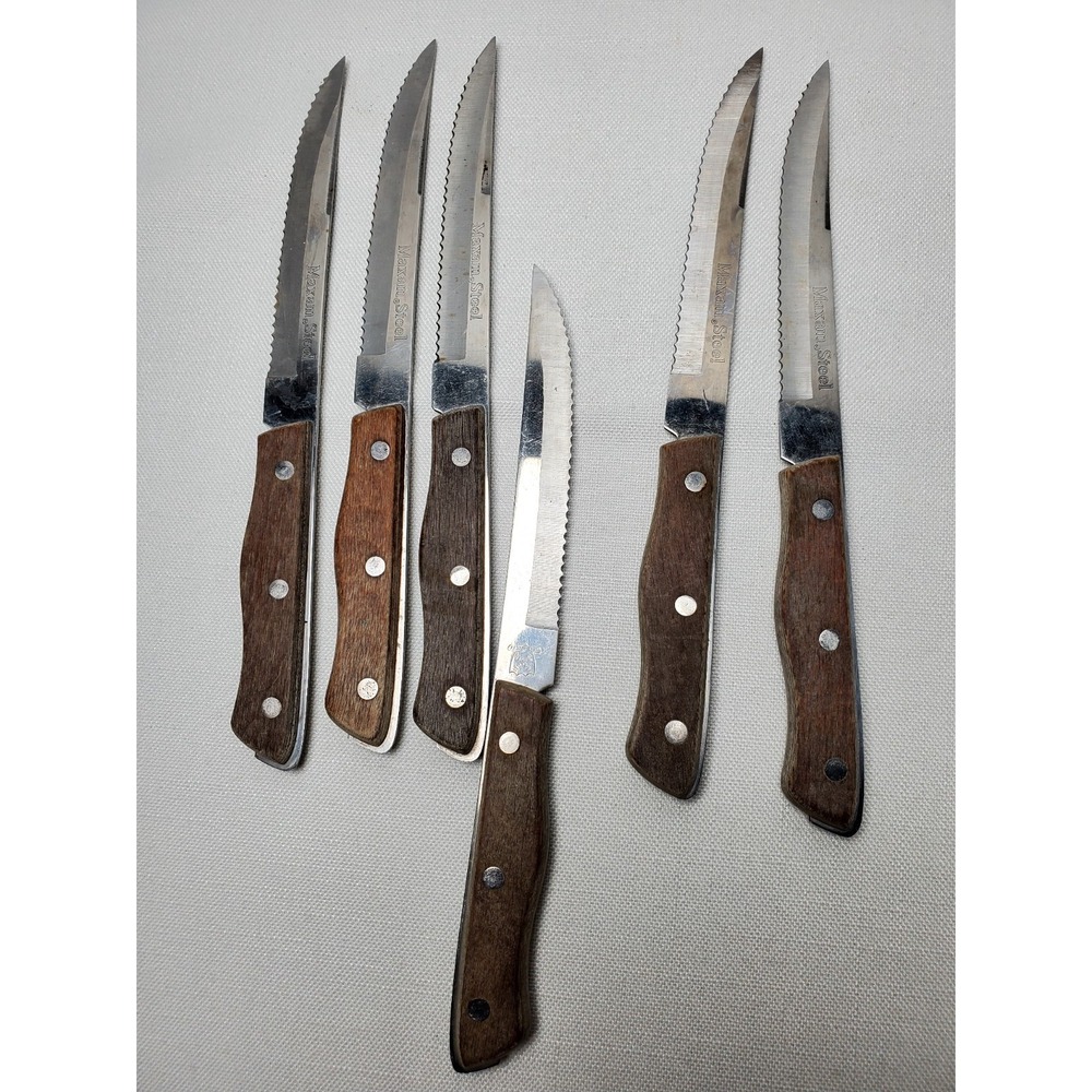 Vintage Maxam‎ Steel Steak Knife Set 6pc Serrated Blades Japan Wood Handles